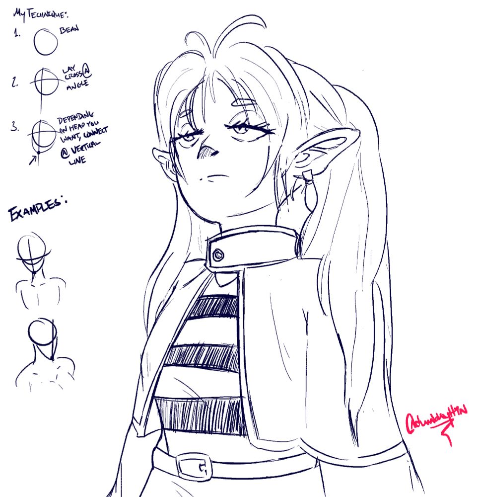 Picture of Frieren looking up.

Notes say:
1. Bean

2. Lay Cross @ Angle (i.e. depending on where you want the eyes, lay a cross there.)

3. Depending on the type of head you want, connect at the vertical line of the cross. You'd want to imagine the head/vertical line cut into thirds and to just draw in the lower third.

There's some examples below.