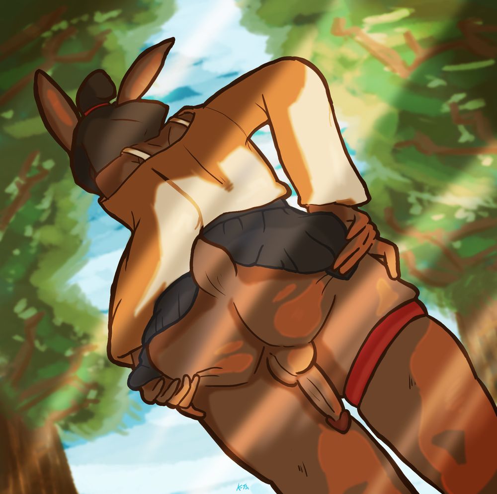 Fanart of saucymauler's OC displaying their goods in a forest-y area during noon.