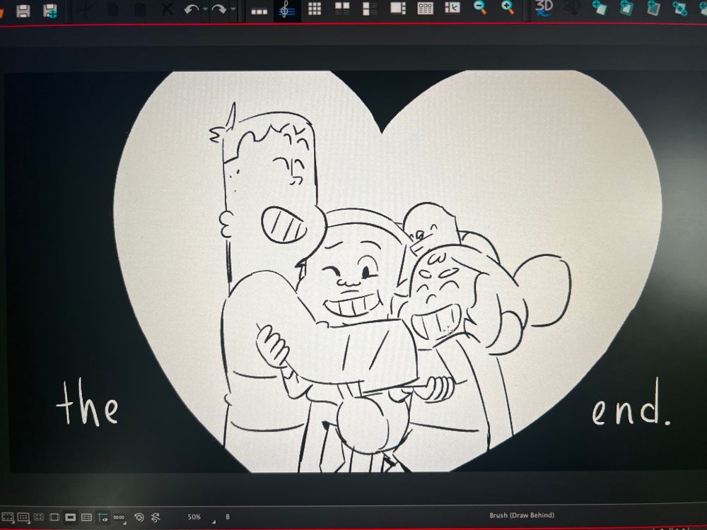 Screencap of a drawing done in Storyboard Pro. A heart shaped spotlight with “the” on the left and “end.” on the right. In the middle is a line art drawing of the main characters from Craig of the Creek. JP, Kelsey and Mortimor hugging Craig who is in the middle getting a little squished but holding on to their arms and smiling. 