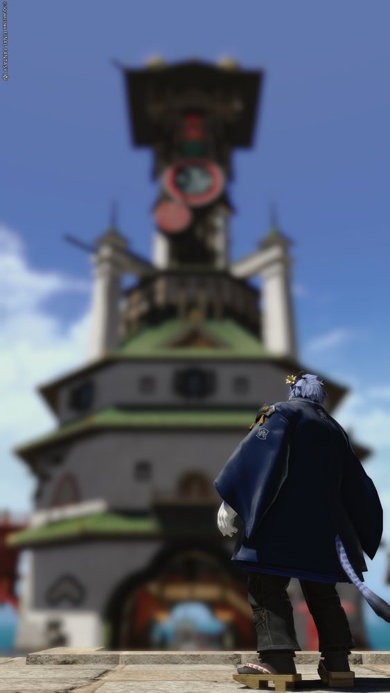 a ffxiv screencap. a male hrothgar is standing with his back to the viewer. in the distance, the kugane tower can be seen looming over him.