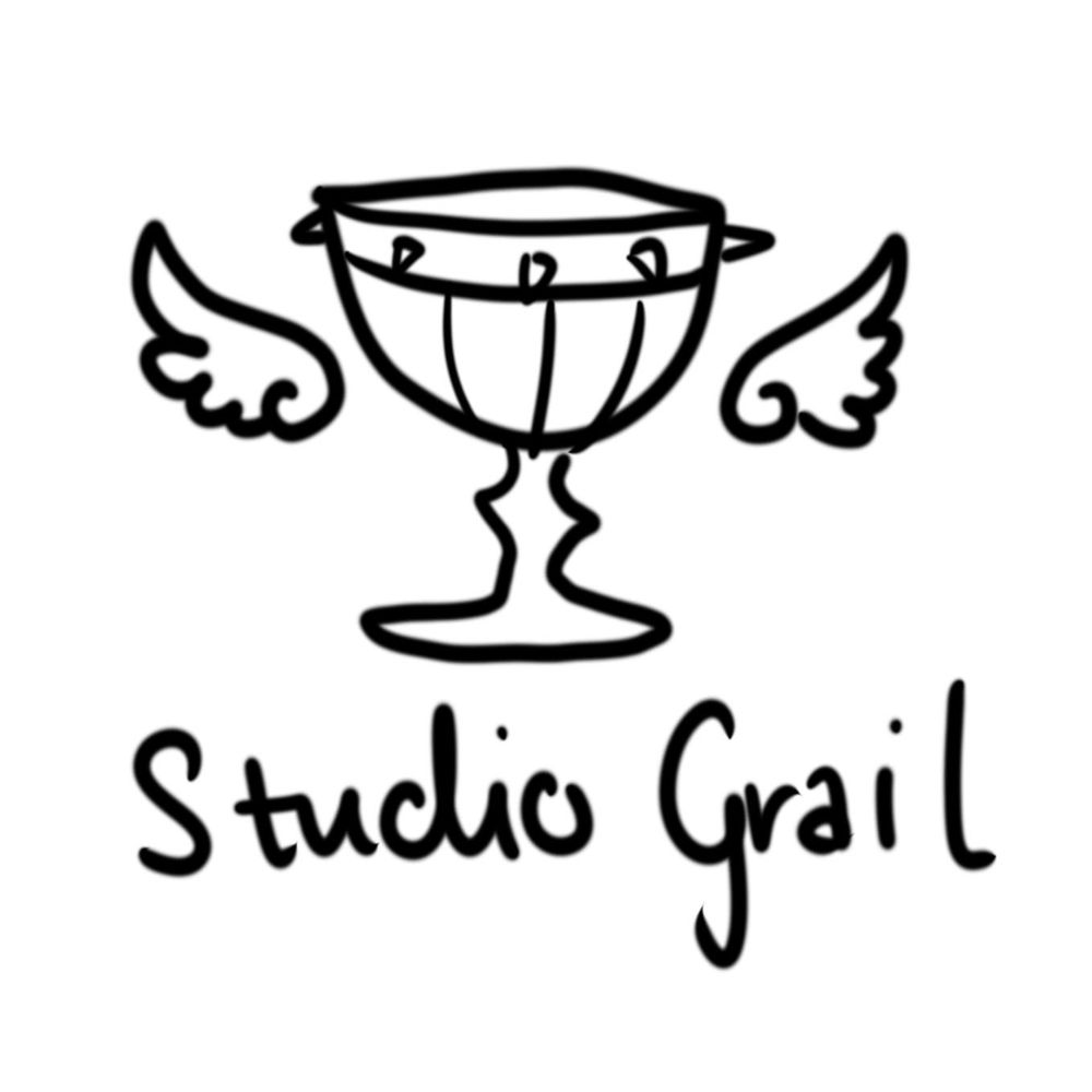 A dinky concept sketch of Studio Grail's logo, featuring a grail with wings.