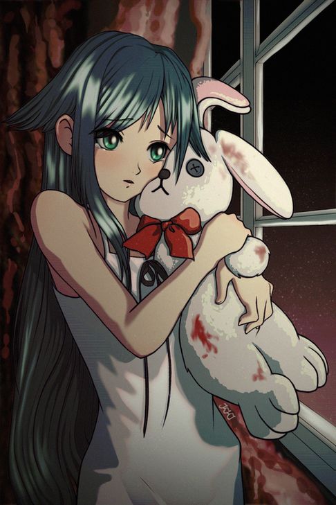 Fan art of Saya from the visual novel Saya no Uta. Saya, a young girl with long teal hair and green eyes, holds a plush white rabbit with a red bow. The rabbit is stained with blood. Saya looks out of a window with a melancholic expression. The dimly lit scene has a retro anime art style, with a moody, eerie atmosphere.