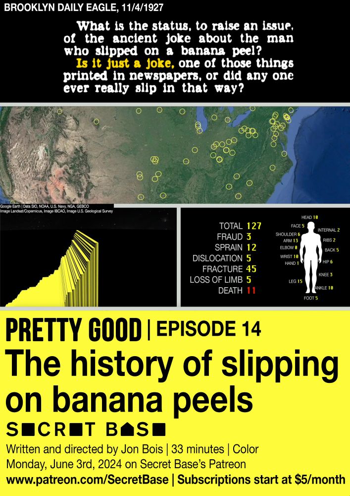 newspaper clipping (Brooklyn Daily Eagle, 11/4/1927): "What is the status, to raise an issue, of the ancient joke about the man who slipped on a banana peel? Is it just a joke, one of those things printed in newspapers, or did any one ever really slip in that way?"

PRETTY GOOD | EPISODE 14
The history of slipping on banana peels
SECRET BASE
Written and directed by Jon Bois | 33 minutes | Color