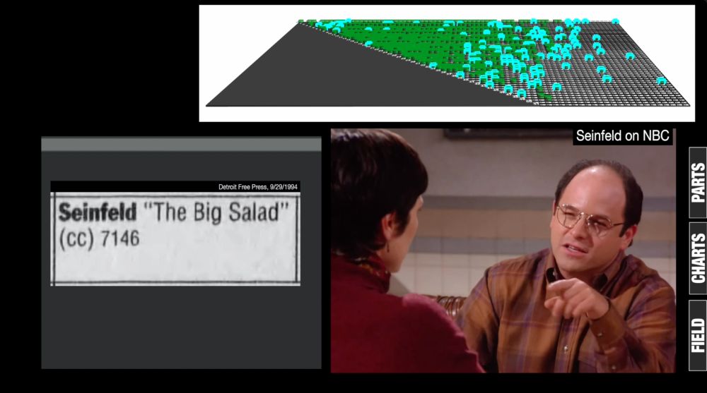 screenshot of scorigami pt. 3. split-screen windows: scorigami board, tv listing for seinfeld episode "the big salad," screenshot of george on seinfeld