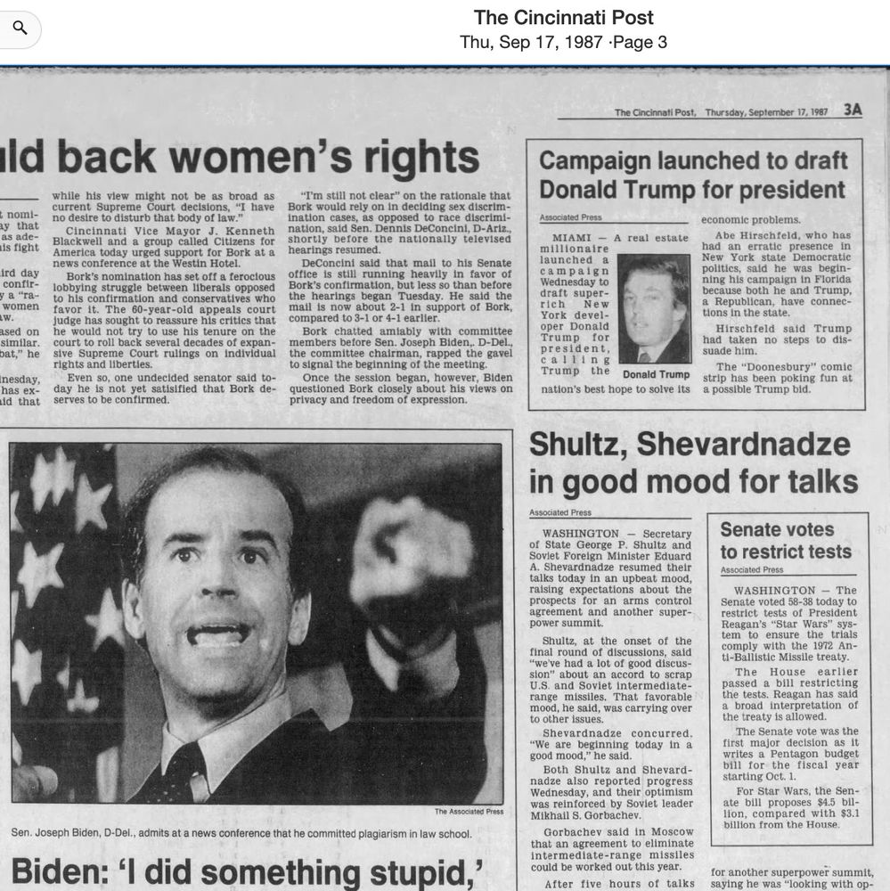 Page 3A of the Cincinnati Post, 9/17/1987. two headlines of note: "Biden: 'I did something stupid," "Campaign launched to draft Donald Trump for president"