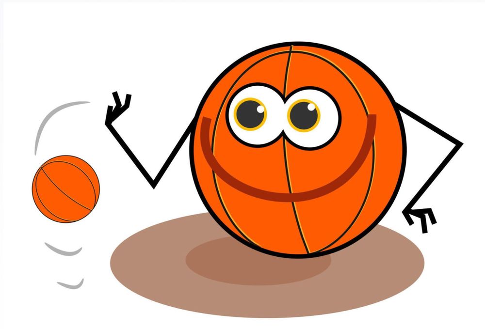 a cartoon illustration of a smiling anthropomorphic basketball bouncing another smaller inanimate basketball