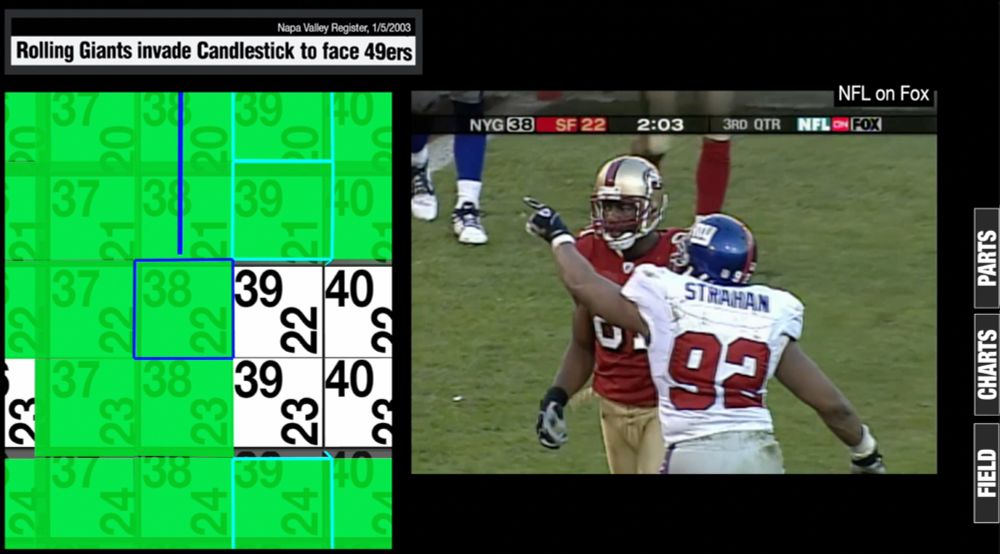 screenshot of scorigami pt. 3. split-screen windows: newspaper headline "rolling giants invade candlestick to face 49ers," scorigami board, video from game of michael strahan taunting terrell owens by pointing at scoreboard