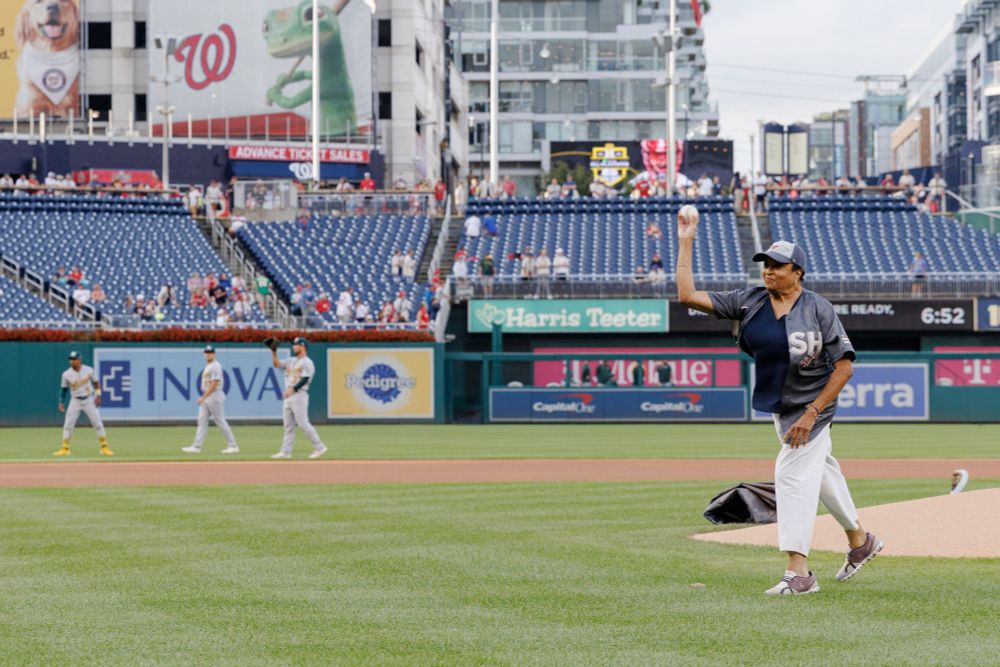 Librarian of Congress Dr. Carla Hayden throws the ceremonial first pitch at a Nationals game. Photo by Shawn Miller, Library of Congress.