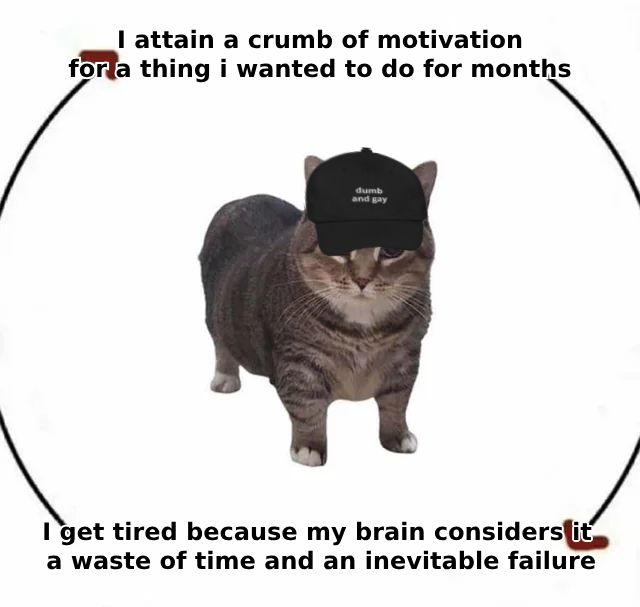 This image depicts a meme featuring a cat wearing a cap that says "dumb and gay." The image text is structured in a circular pattern around the cat and reads:

Top text: "I attain a crumb of motivation for a thing I wanted to do for months."
Bottom text: "I get tired because my brain considers it a waste of time and an inevitable failure."