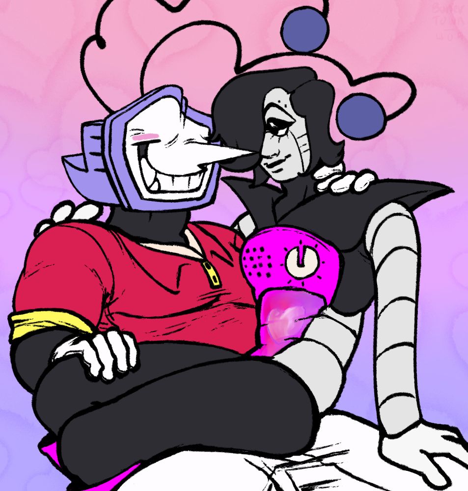 A digital illustration of mettaton sitting in Tenna's lap.