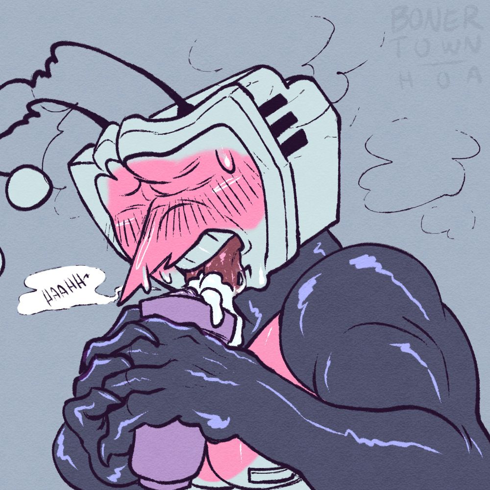 A continuation of the previous comic, showing Tenna licking his own cum from the toy while moaning, "HAAHH~"