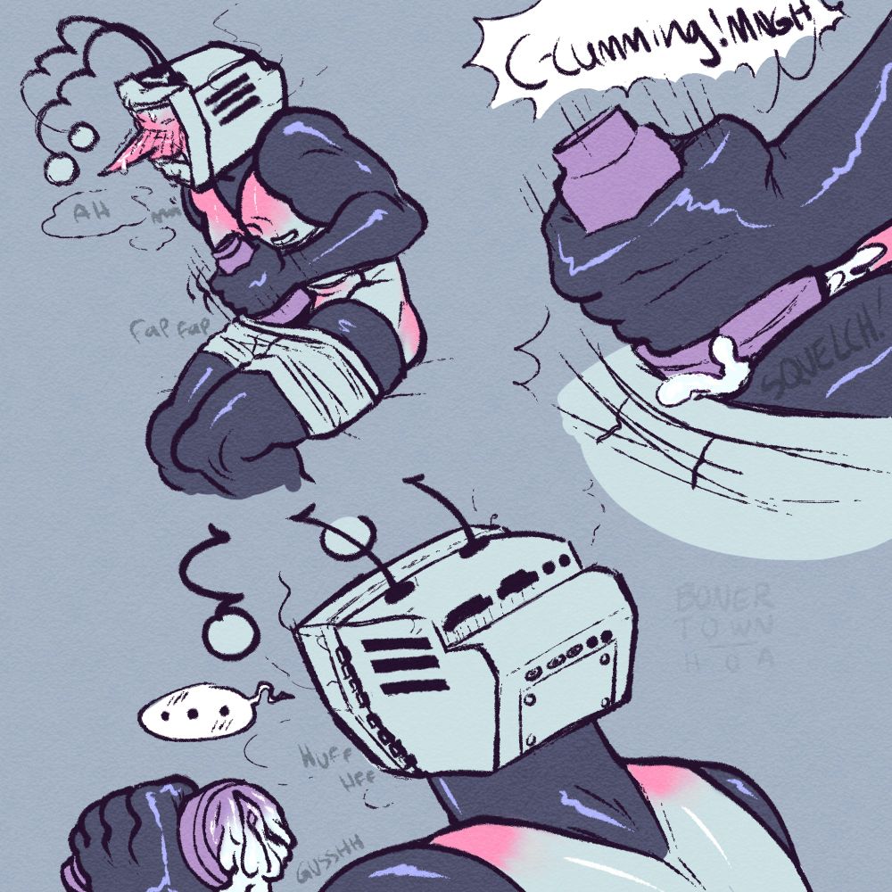 A digitally illustrated comic of Tenna using a Fleshlight. He moans, "C-cumming! MNGH!" Then he stares at his cum dripping from the toy in thought.