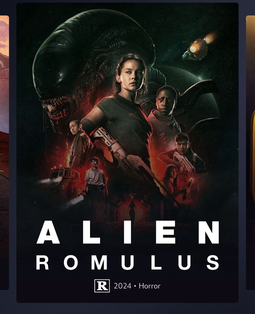 The movie poster for Alien Romulus full of humans and the xenomorphs that eat them. 