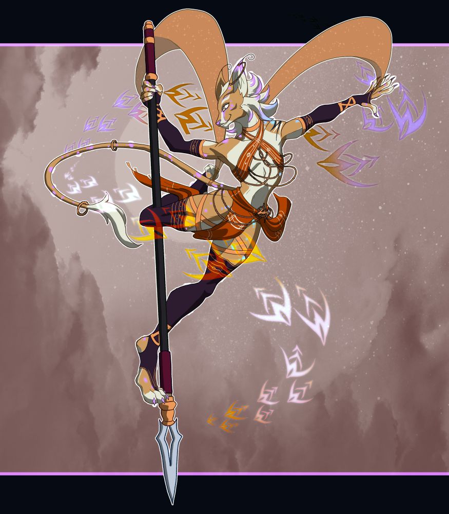 An illustration of a leopard furry with glowing blue spots. He has a slender acrobatic build and wears orange silks and black leggings. Their clothing appears ceremonial and they are spinning themselves around a spear in a dance.