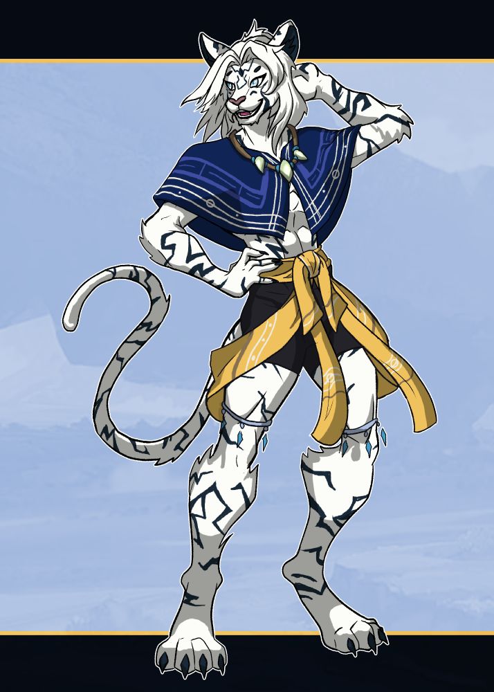 A picture of a young anthropomorphic white tiger who's has a sheepish expression. He wears a blue shawl and a decorative yellow sash over his black compression shorts. 