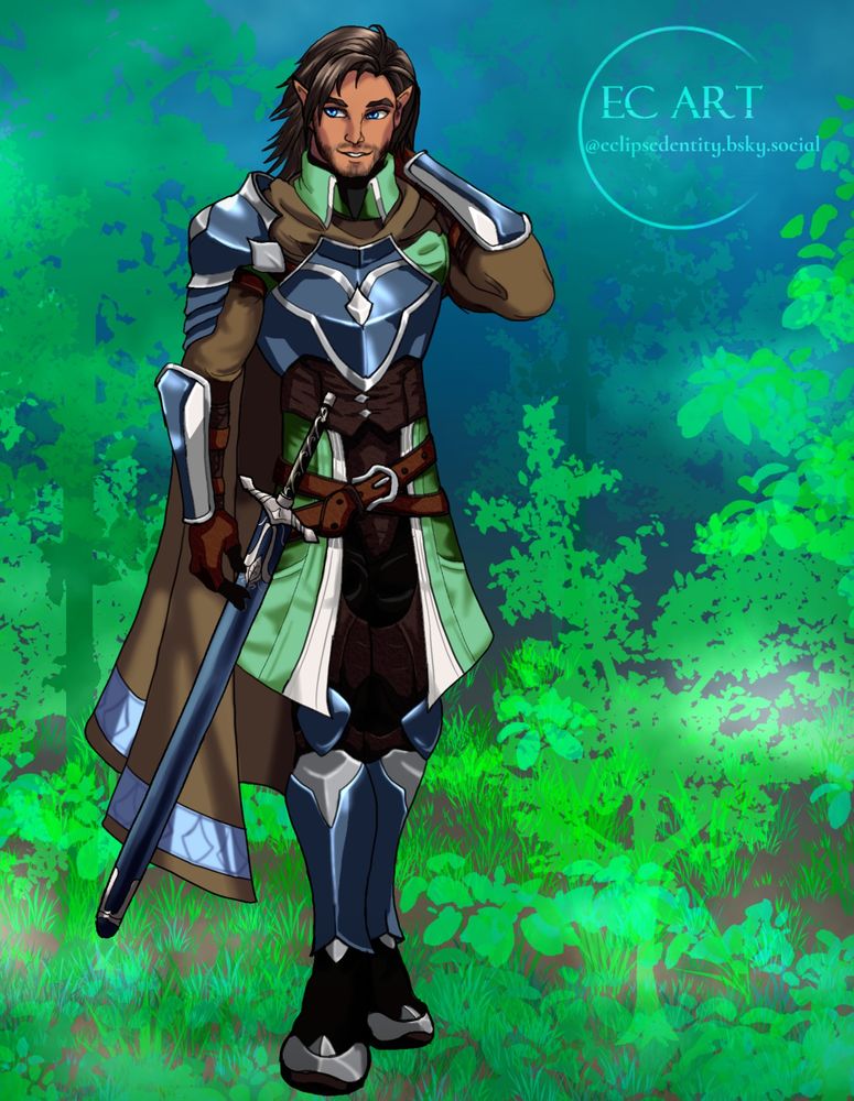 A man wearing decorated yet practical travel armor that has been dyed blue and green. He has a blade at his side, but he's has a hand at his neck and has a slightly embarrassed smile. The background is a lush forest.