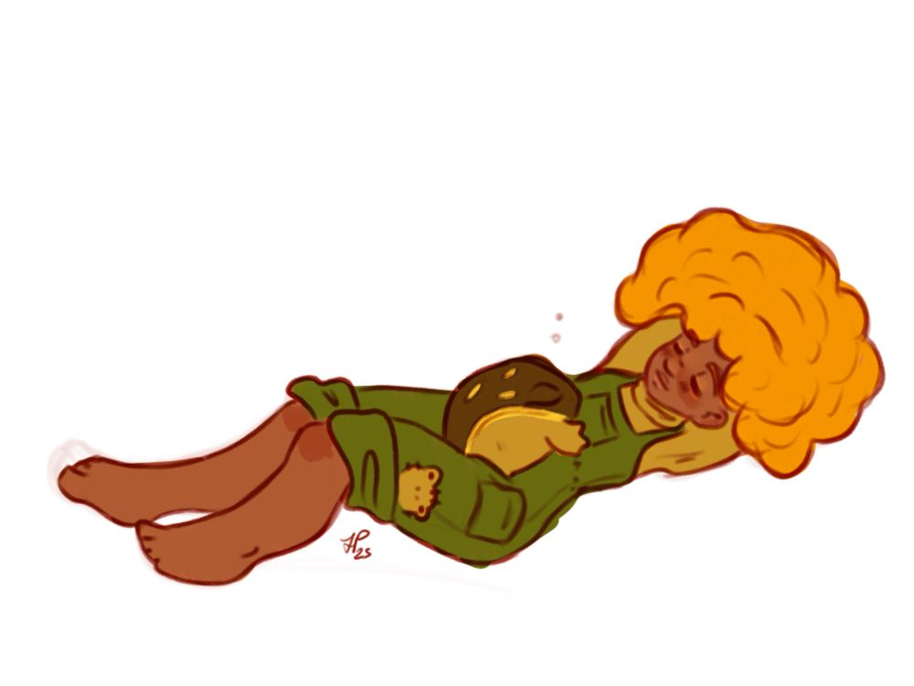 coloured sketch of a reclining girl with dark skin and long thick curly orange-blonde hair. she is on her back with her arms behind her head, and there is a large sleeping toad on her belly. the toad has a brown back, a yellow-green belly, and a yellow stripe separating the back and belly colours. the girl is wearing green overalls with a frog patch on the leg, and a yellowish turtleneck sweater.