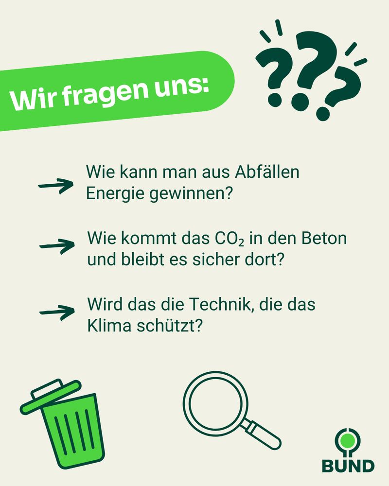 Heller Hintergrund mit grünen Symbolen von Papierkorb, Lupe und drei Fragezeichen. Text: Wir fragen uns: Wie kann man aus Abfällen Energie gewinnen? Wie kommt das CO2 in den Beton und bleibt es sicher dort? Wird das die Technik, die das Klima schützt?