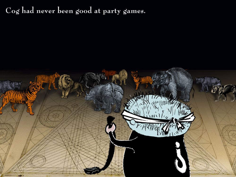 Incognita had never been good at party games -- a blindfolded Cog attempts to pin the tail on a variety of wild animals