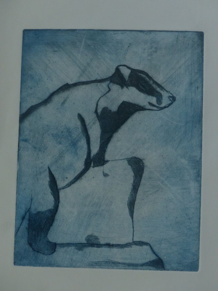 A drypoint etched print of a badger climbing upon a stone near the center of the piece.   The stone has been kept as mainly a line image with shadows shown by hatched areas of block colour.  

The badger's also primarily a line image with shadows and black fur picked out with block colour through drypoint etched hatching. 