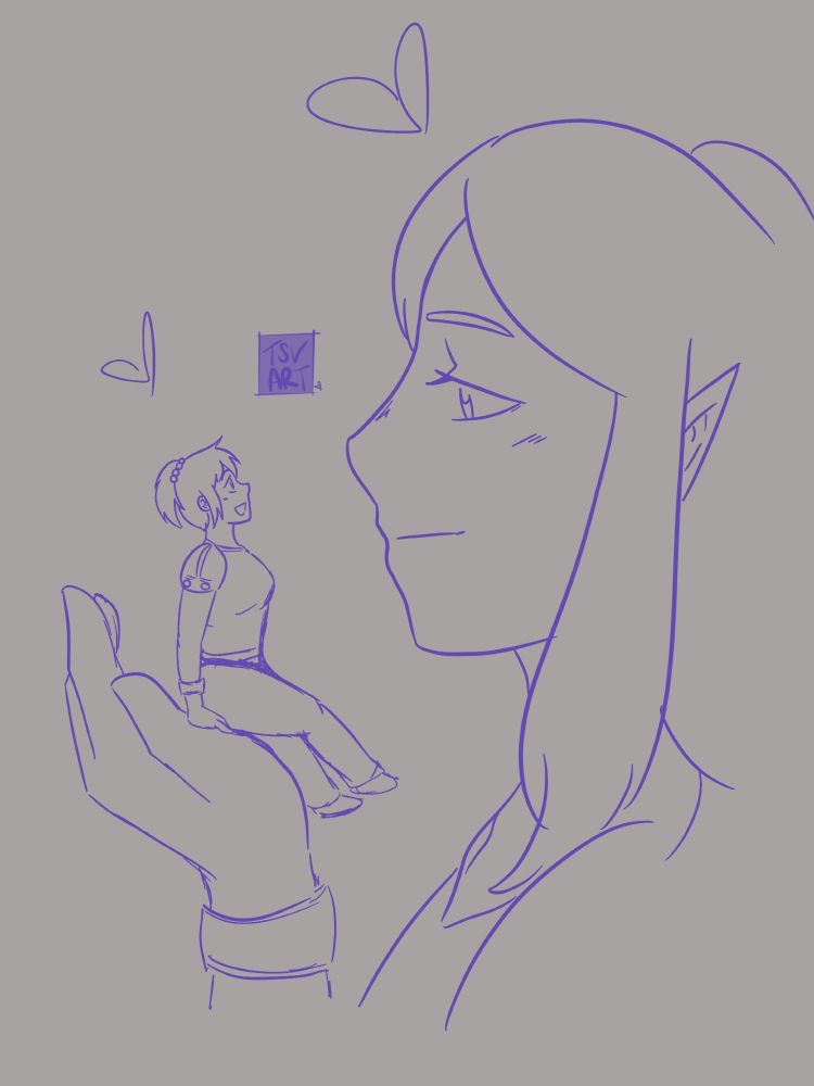 Gabby the gnome looking lovingly up from the palm of her partner Gixxy the goblin.