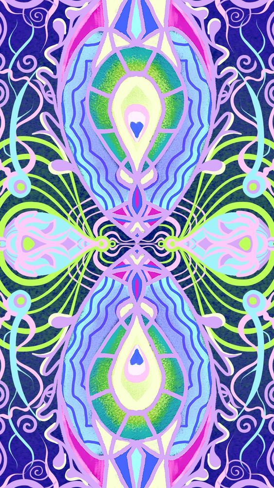 Pattern with majority cool colors and elements reminiscent of gemstones and lotus flowers