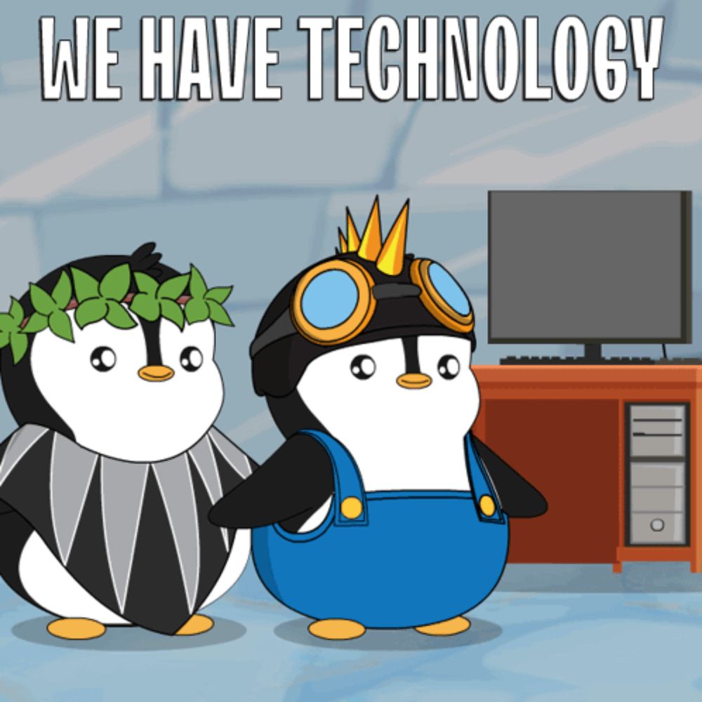 two penguins standing next to each other with the words we have technology