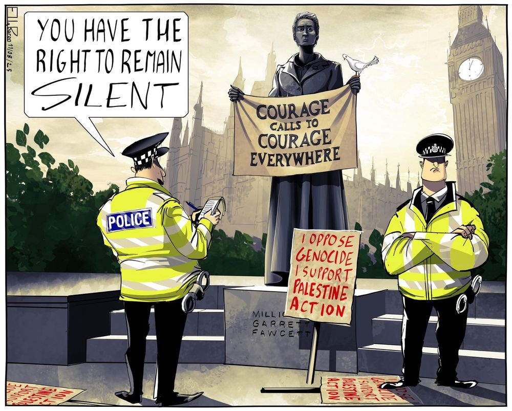 Cartoon showing a Metropolitan Police officer arresting Millicent Fawcett’s statue following the Palestine Action demonstration in London. Credit cartoonist Ella Baron 
