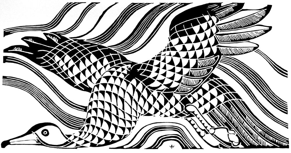 A black and white block print of a sea gull. 