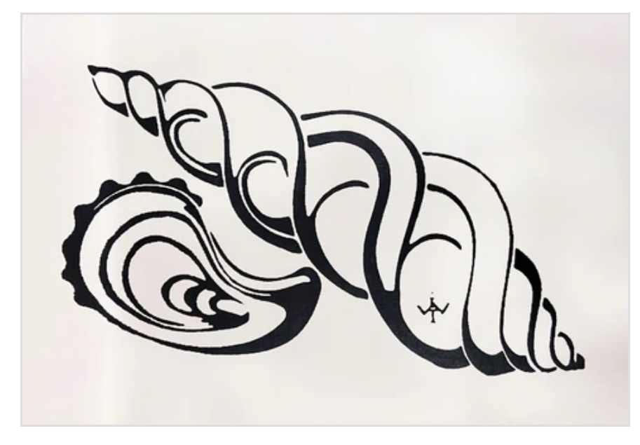 Black and white stylized carved ink printing of two shells.