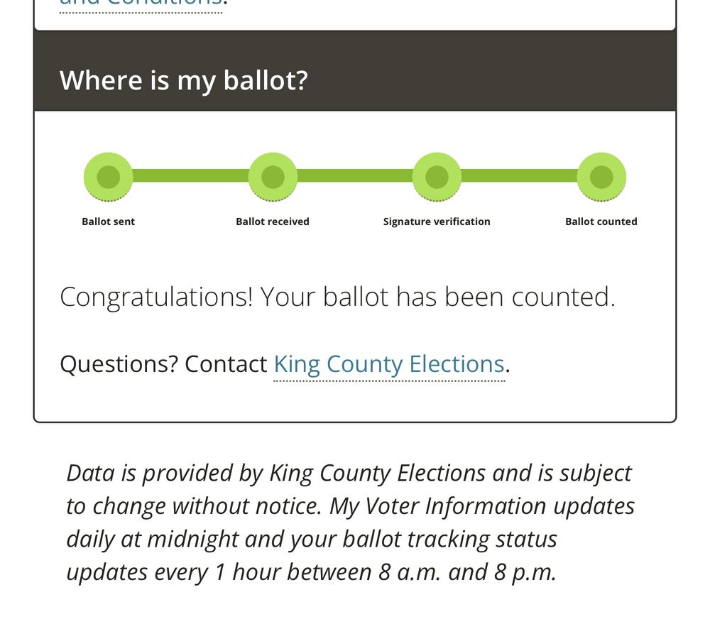 Screenshot from the King County Elections website showing that my ballot has been sent, received, signature verified and counted. 