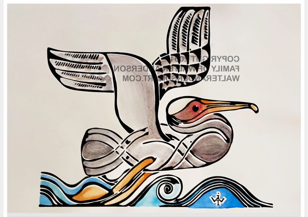 Stylized carved ink printing of a pelican in flight. It has been water colored after printing.