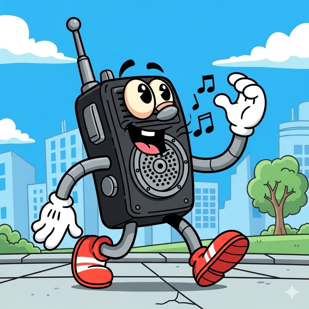 Cartoon Walkie-Talkie, with face, arms, and legs
