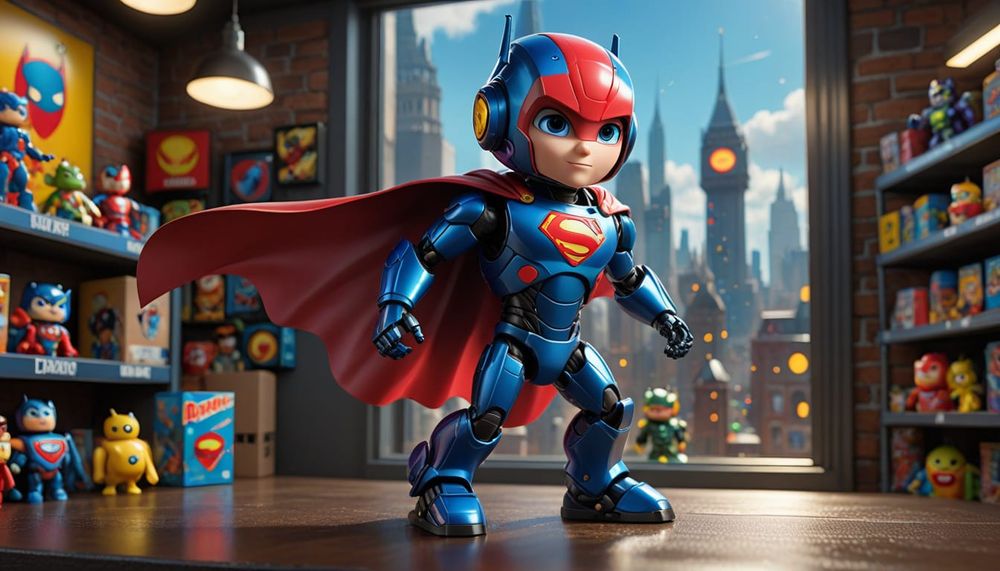 Blue toy robot With Superman 'S' symbol and red cape, helmet.