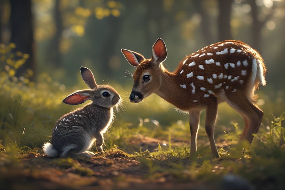 rabbit and fawn in the forest