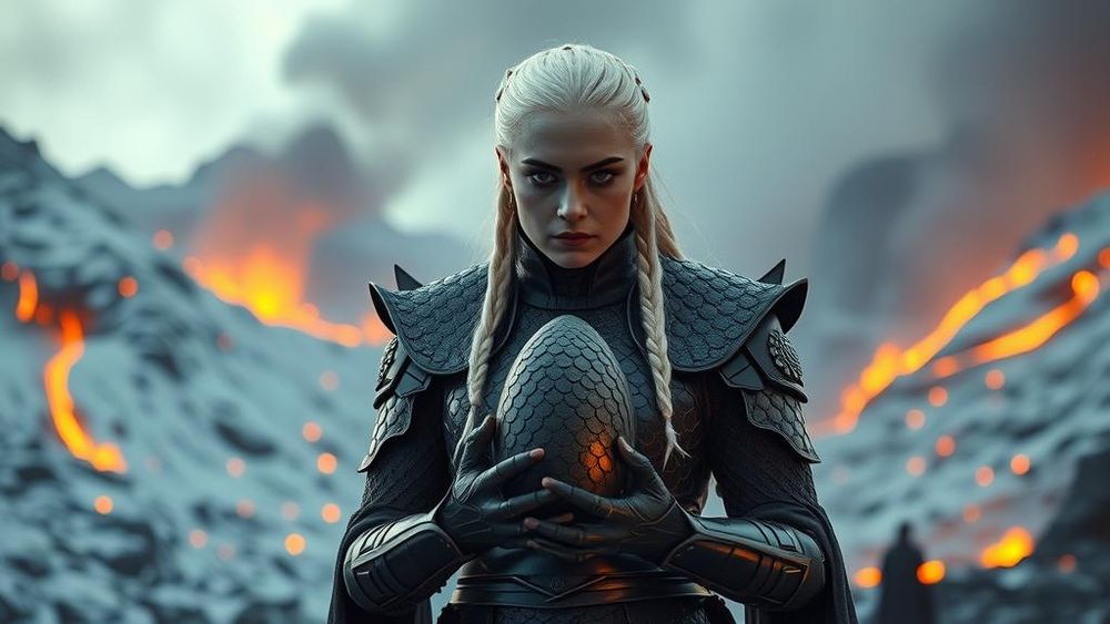 Platinum blonde woman in armor holding a dragon egg