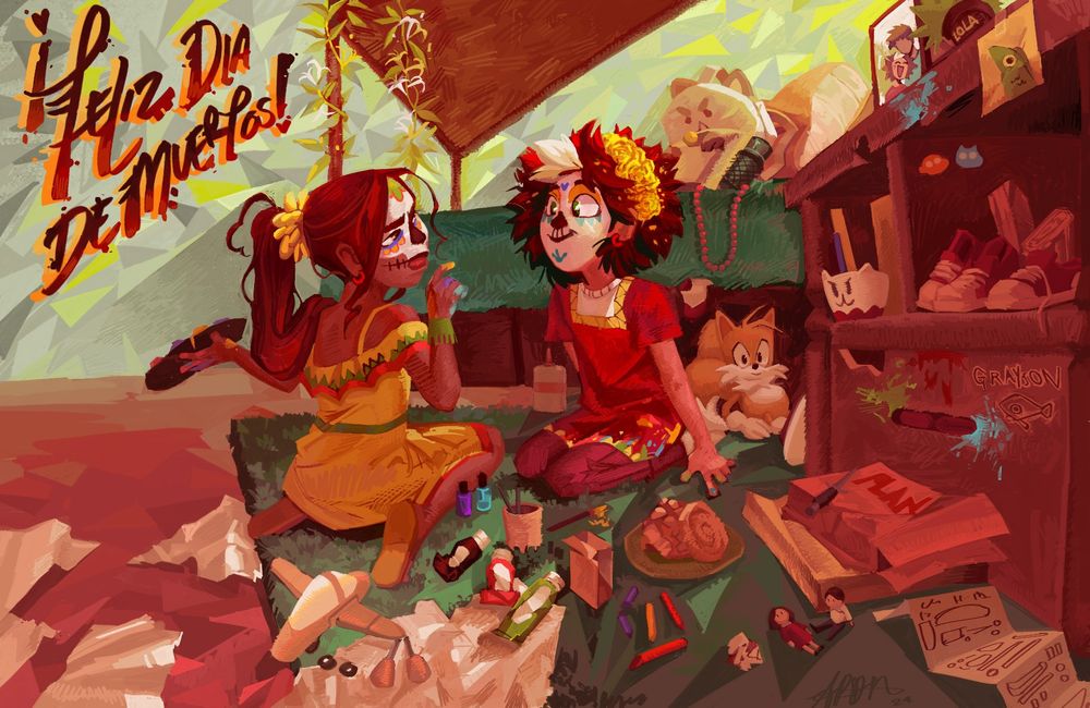 Two children in a messy room paint eachother's faces for dia de muertos.