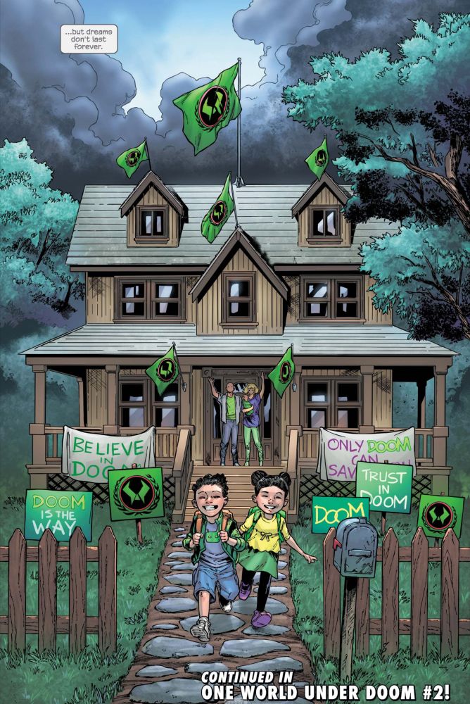 A house decked out in pro-Dr. Doom flags and slogans looking remarkably like a MAGA house.