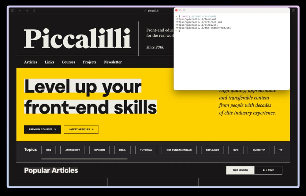<https://bsky.app/profile/pomdtr.me|@pomdtr.me>: Slowly replacing most of my chrome extension by tweety scripts. Ex: Extracting RSS feeds from the <https://bsky.app/profile/piccalil.li|@piccalil.li> website using a deno script!