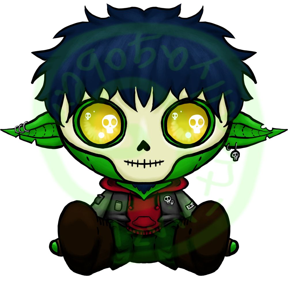 Example picture for the YCH plushy model using Skullsandgoblins a green goblinwith blue hair and a skullmask