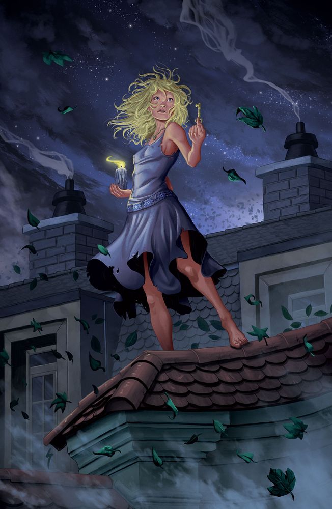 Auri, from Patrick Rothfuss's Kingkiller Chronicles book series, standing on the rooftops of Mains, holding a key and candle.