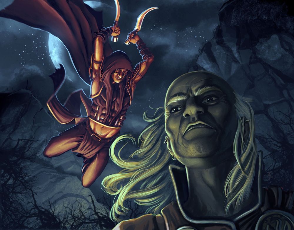 A rogue leaps toward a traveling merchant with two daggers drawn. They are lit by fire or lantern light from the bottom left, and the crescent moon is high behind the rogue.