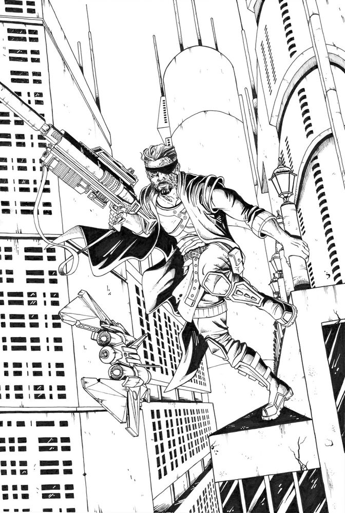 Pen and ink line art of Korbos hanging from the edge of a skyscraper, his large rifle held at the ready. Tall buildings fill the background, and the Storm flies between, above the streets below.