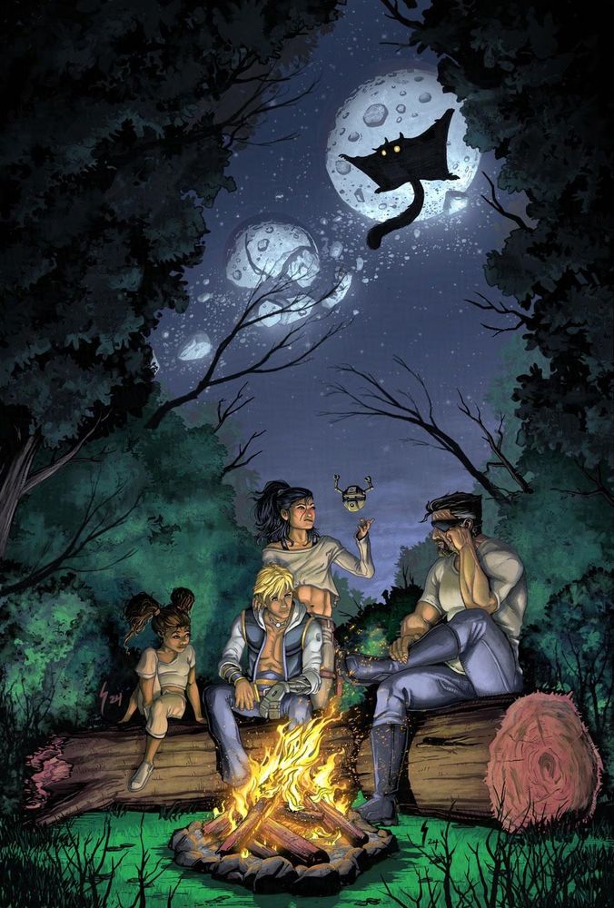 Color art of a group of adventurers sitting around a woodsy campfire. A small robot hovers around, and a giant flying creature is silhouetted against the moon.
