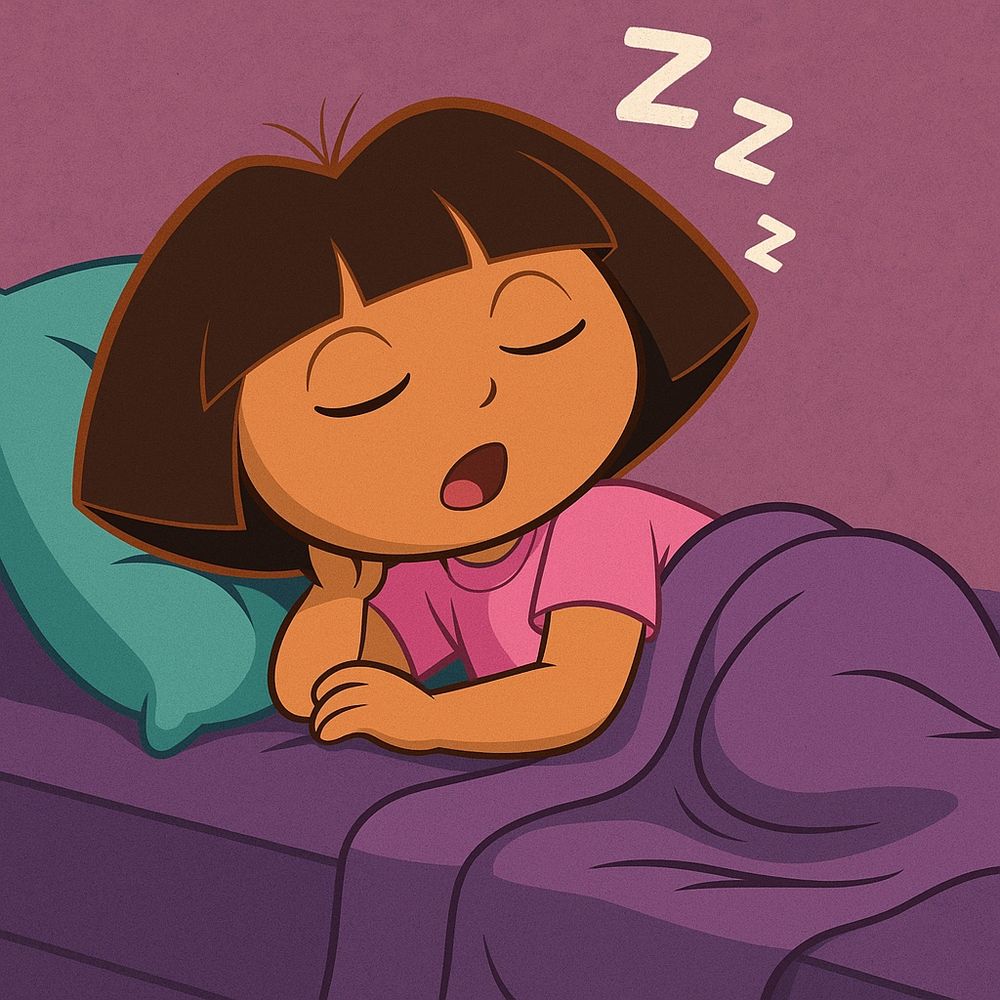 Image of Dora the Explorer sleeping in bed snoring

