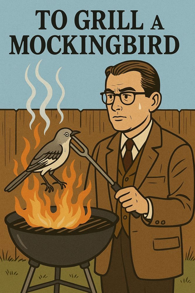 Image of a man wearing glasses and a suit holding a mockingbird over a grill