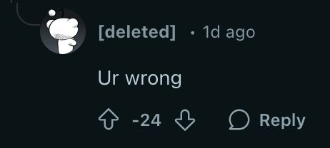 A one-day-old reply on Reddit from a deleted account. It has 24 downvotes, and reads: "Ur wrong"