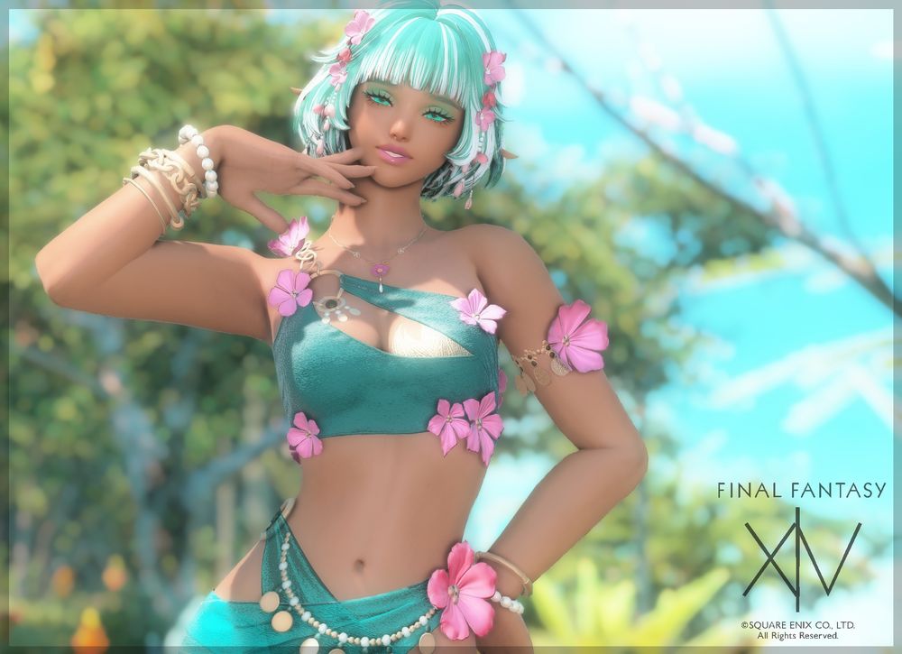 My half elezen/half hyur character Flora dressed in a teal swimsuit adorned with pink flowers and gold chains.