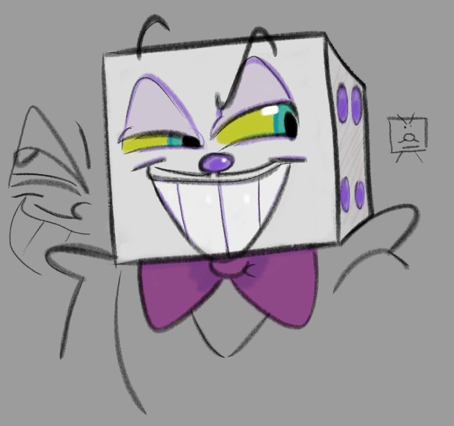 king dice from cuphead looking sinister with yellow eyes and green pupils instead of his usual eyes
