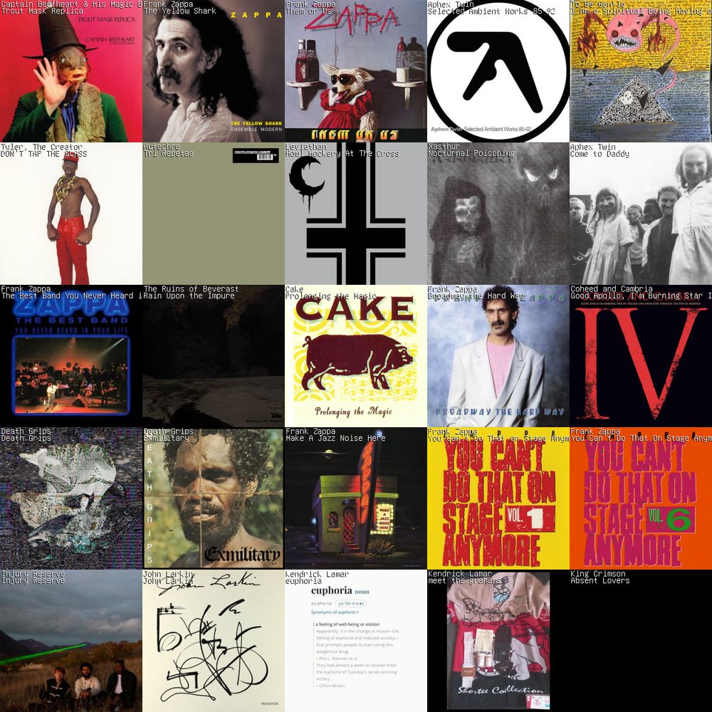 5x5 grid of albums listened to over the past week. artists include captain beefheart, frank zappa, aphex twin, to be gentle, tyler, the creator, autechre, leviathan, xasthur, the ruins of beverast, cake, coheed and cambria, death grips, injury reserve, john larkin, kendrick lamar, and king crimson